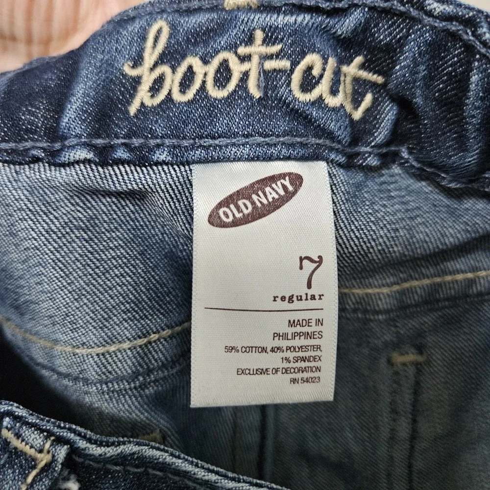 Old Navy Bootcut Jeans Girls 7‎ Blue Rainbow Embroidered Dark Wash Stretch Boho
